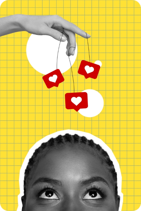 A person looks up at their hand, which holds strings attached to floating social media heart icons, against a yellow grid background.