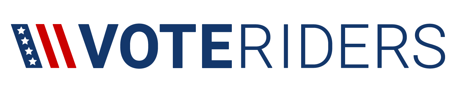 Logo of VoteRiders with a stylized "V" featuring red stripes and white stars on a blue background, followed by "OTERIDERS" in navy blue text.